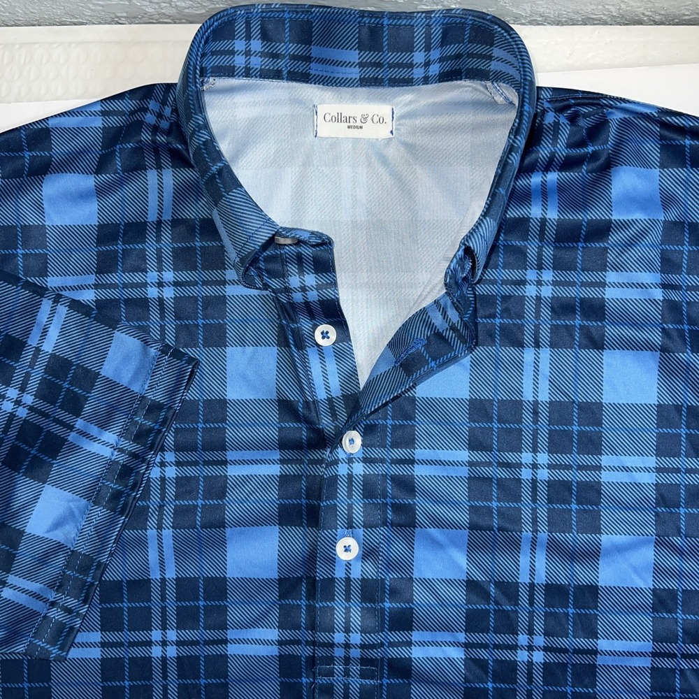 Collars & Co Shirt Mens Medium Blue Performance Polo Plaid Golf Office